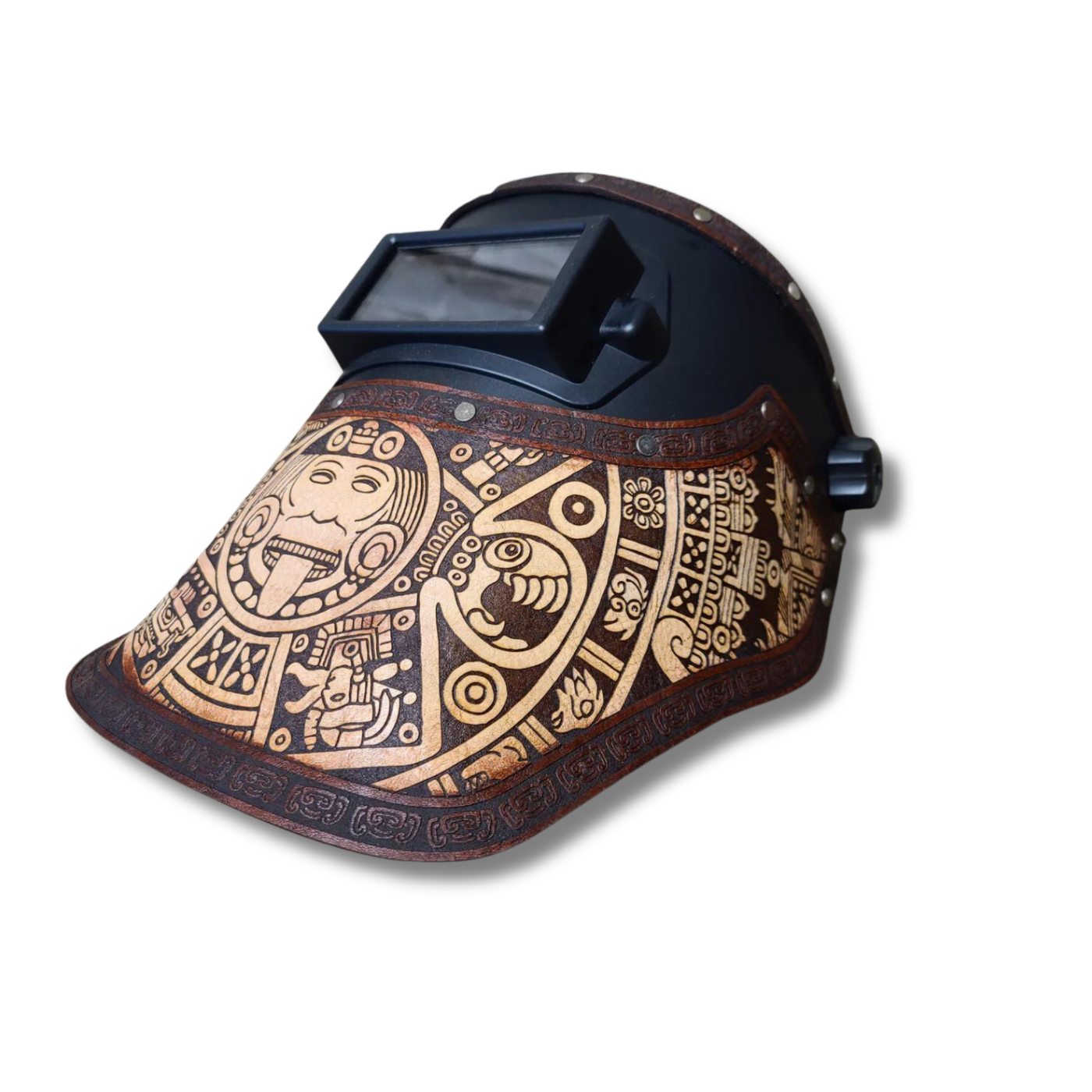 Outlaw Leather Welding Hood Aztec Calendar Natural