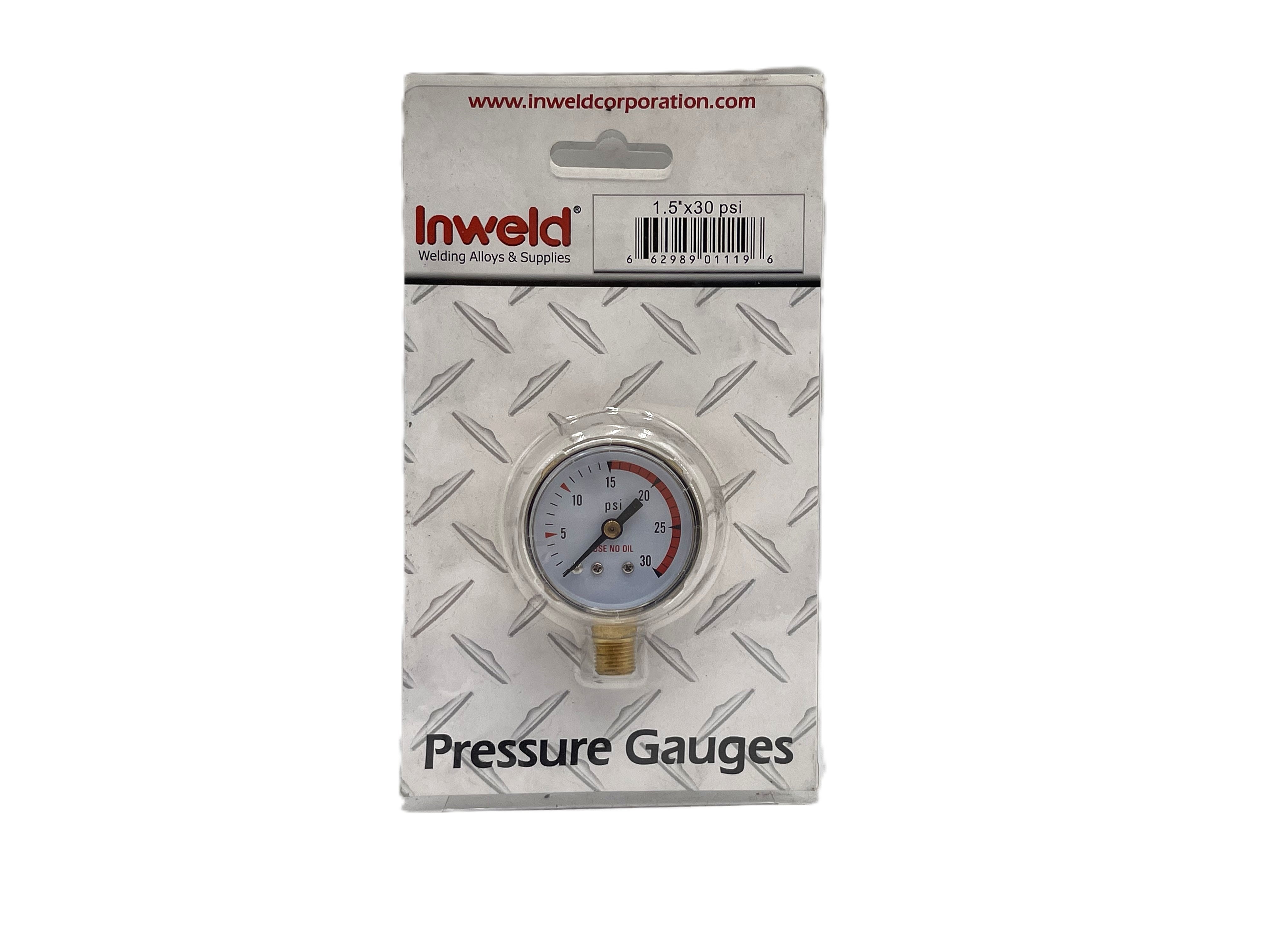 INWELD - 1.5" Pressure Gauge, 0–30 PSI, Brass, Bottom Mount (Side Entry)