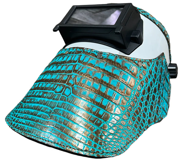 ***IN STOCK*** Outlaw Leather - Welding Hood - Gold Turquoise Caiman w/ White Hood