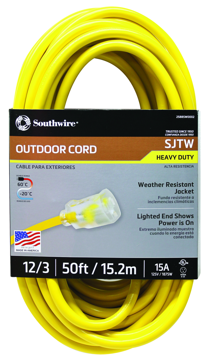 SOUTHWIRE, 12/3 SJTW 50' YELLOW OUTDOOR EXTENSION CORD WITH POWER LIGHTINDICATOR