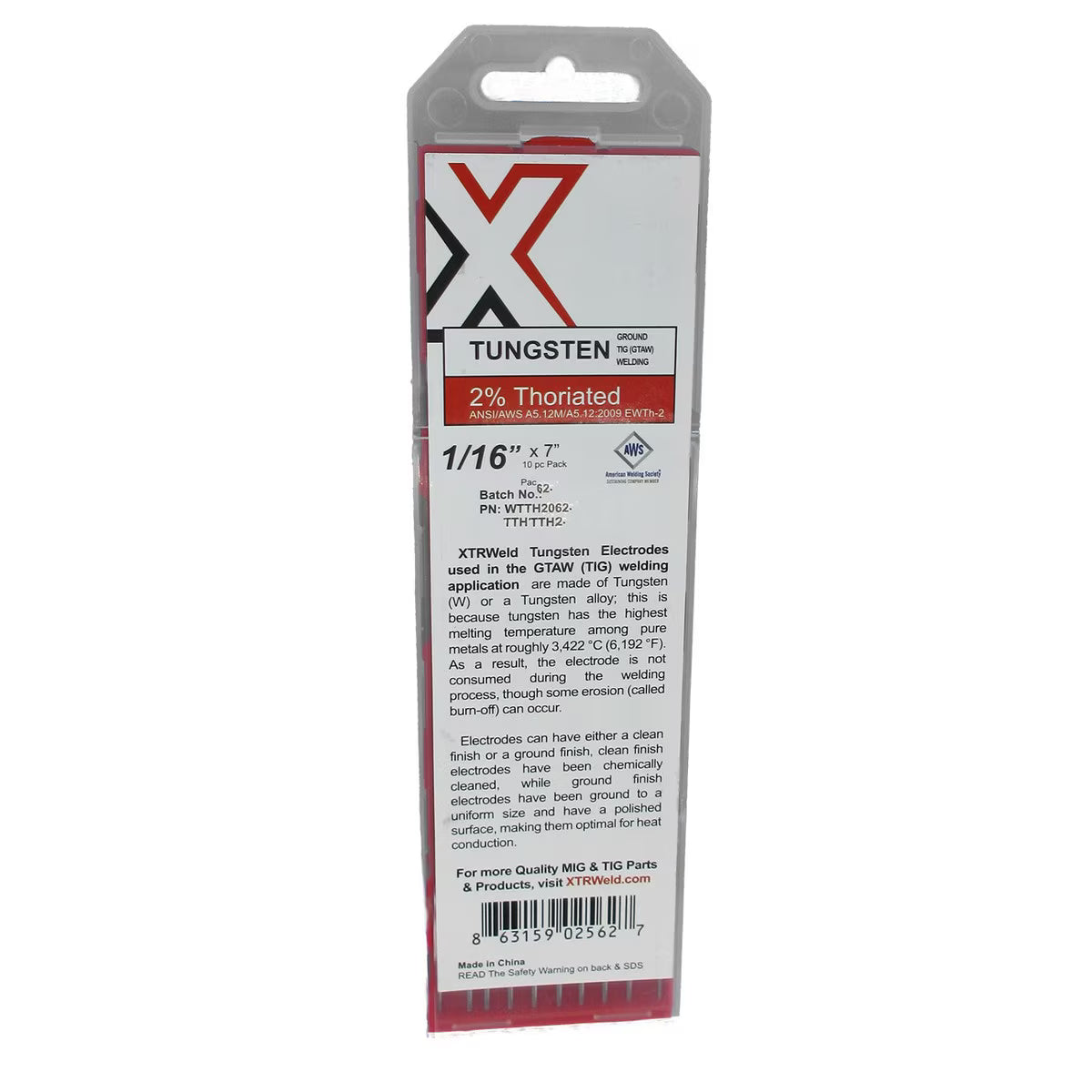 XTRweld 2% Thoriated Tungsten Electrode, Red, 10 Piece, 7 Inch L