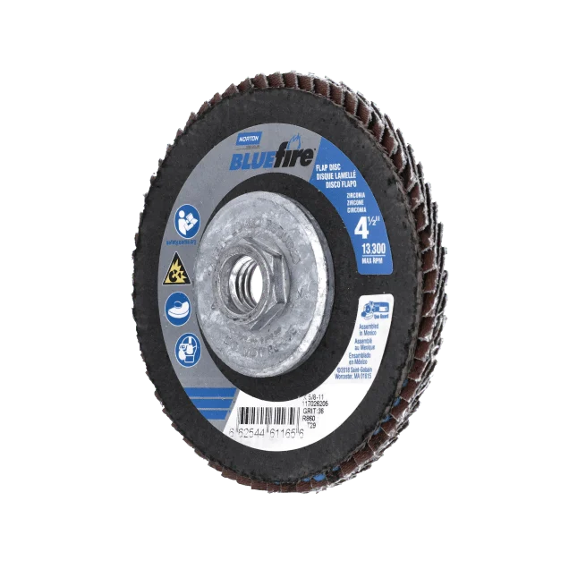 Norton BlueFire ZA Arbor Thread Fiberglass Conical Flap Disc 4 1/2 X 5/8 - 11 60 Grit