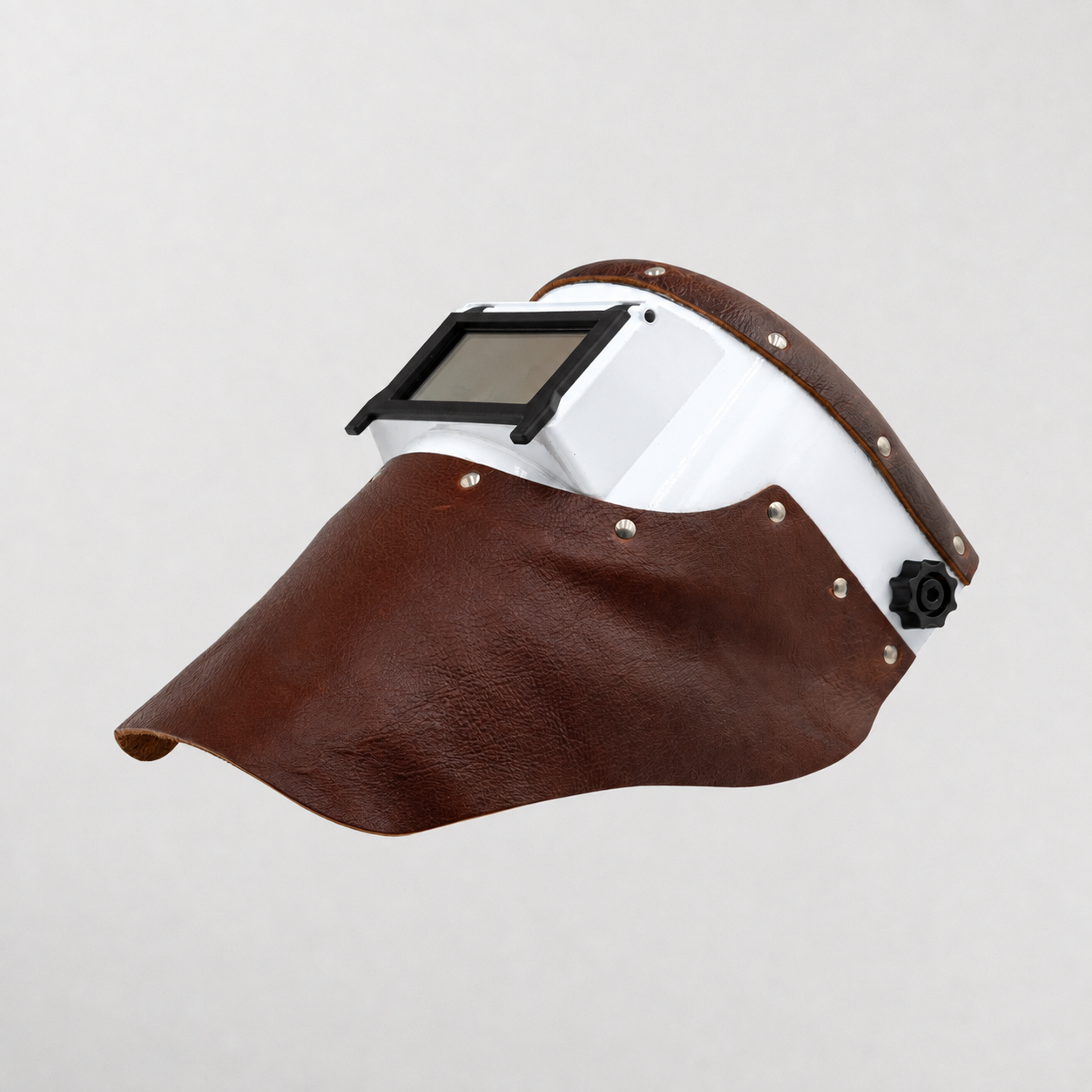 Brown leather Slimline welding helmet with white shell