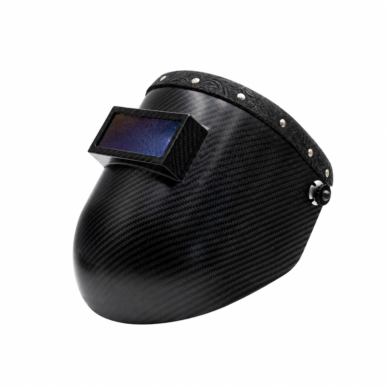 Outlaw Leather Carbon Fiber Black Floral Suede welding helmet — standardized framing