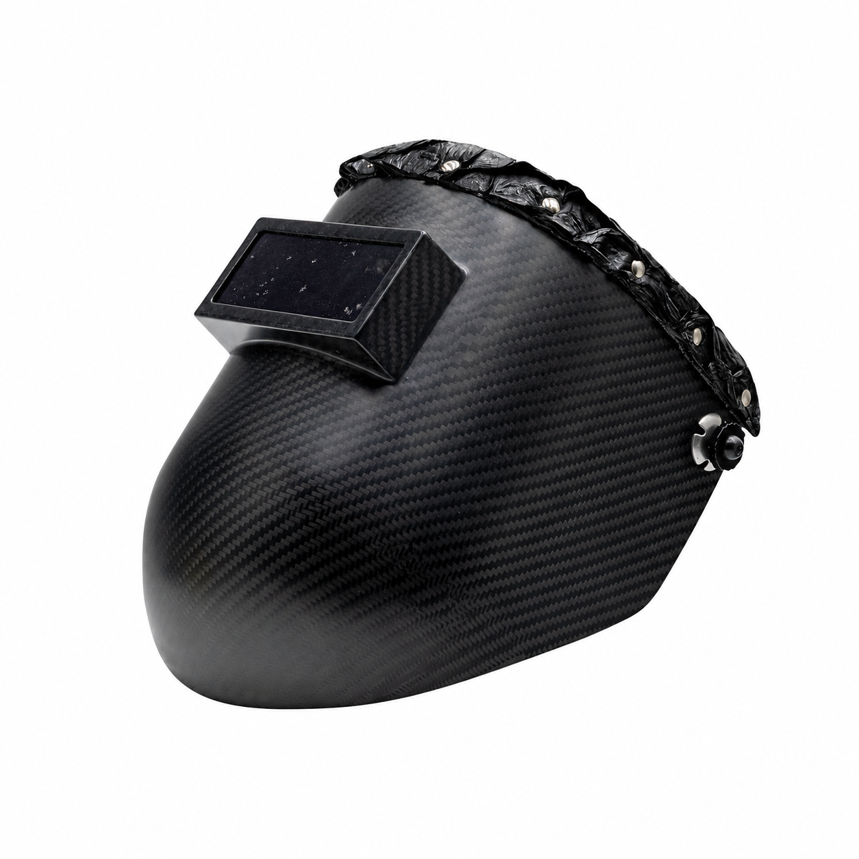 Outlaw Leather Carbon Fiber Black Pirarucu welding helmet — standardized framing