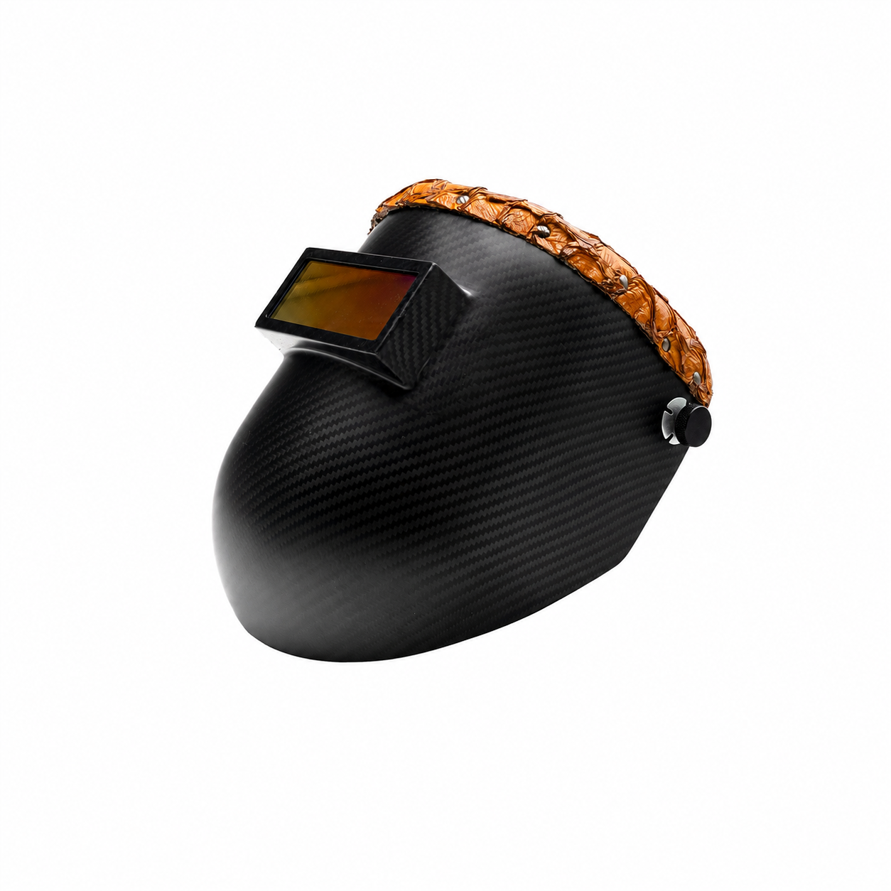 Outlaw Leather Carbon Fiber Cognac Pirarucu welding helmet — standardized framing