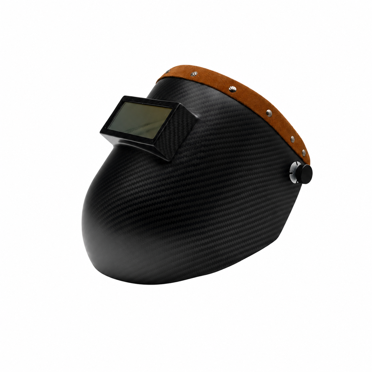 Outlaw Leather Carbon Fiber Golden Suede welding helmet — standardized framing