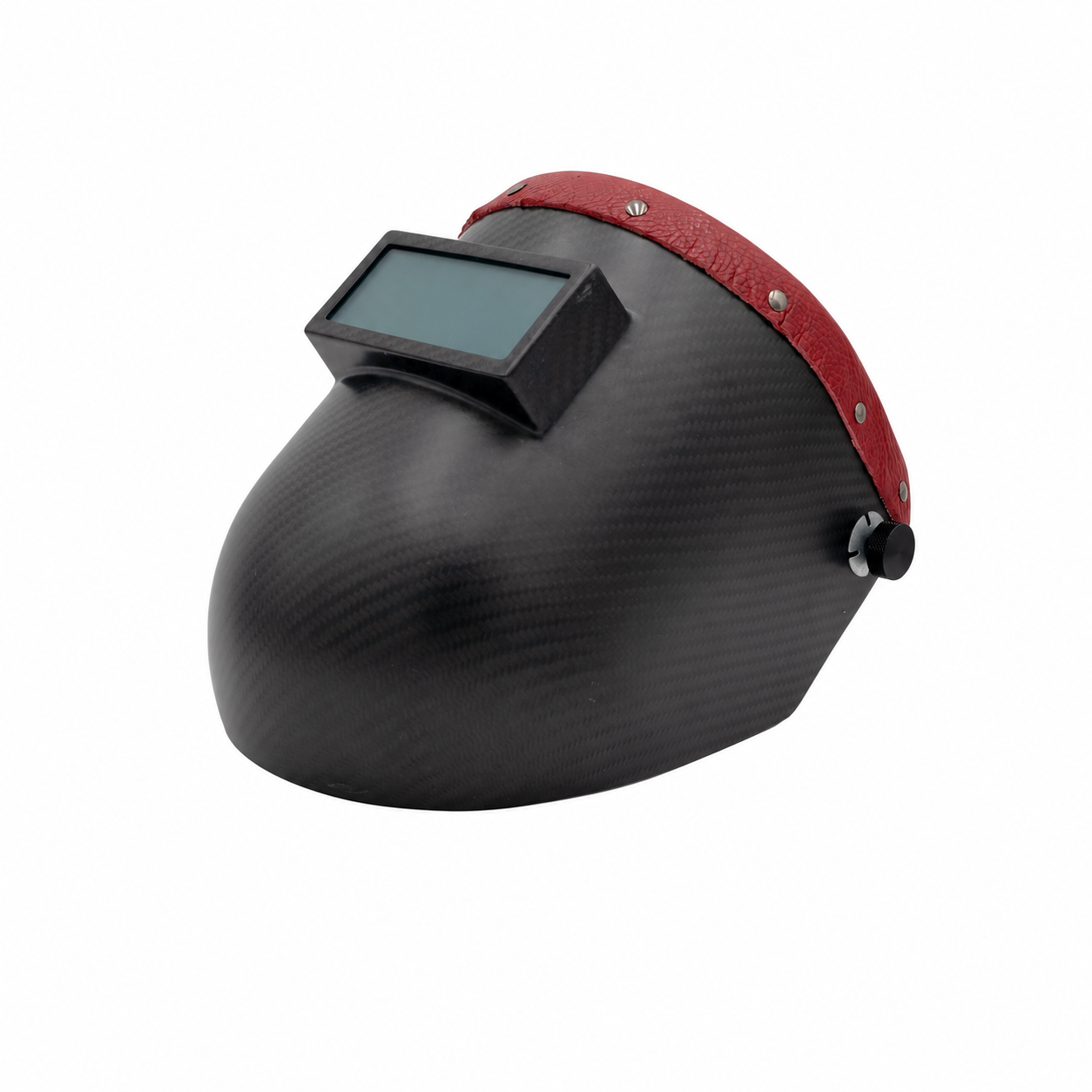 Outlaw Leather Carbon Fiber Red Leather welding helmet — standardized framing