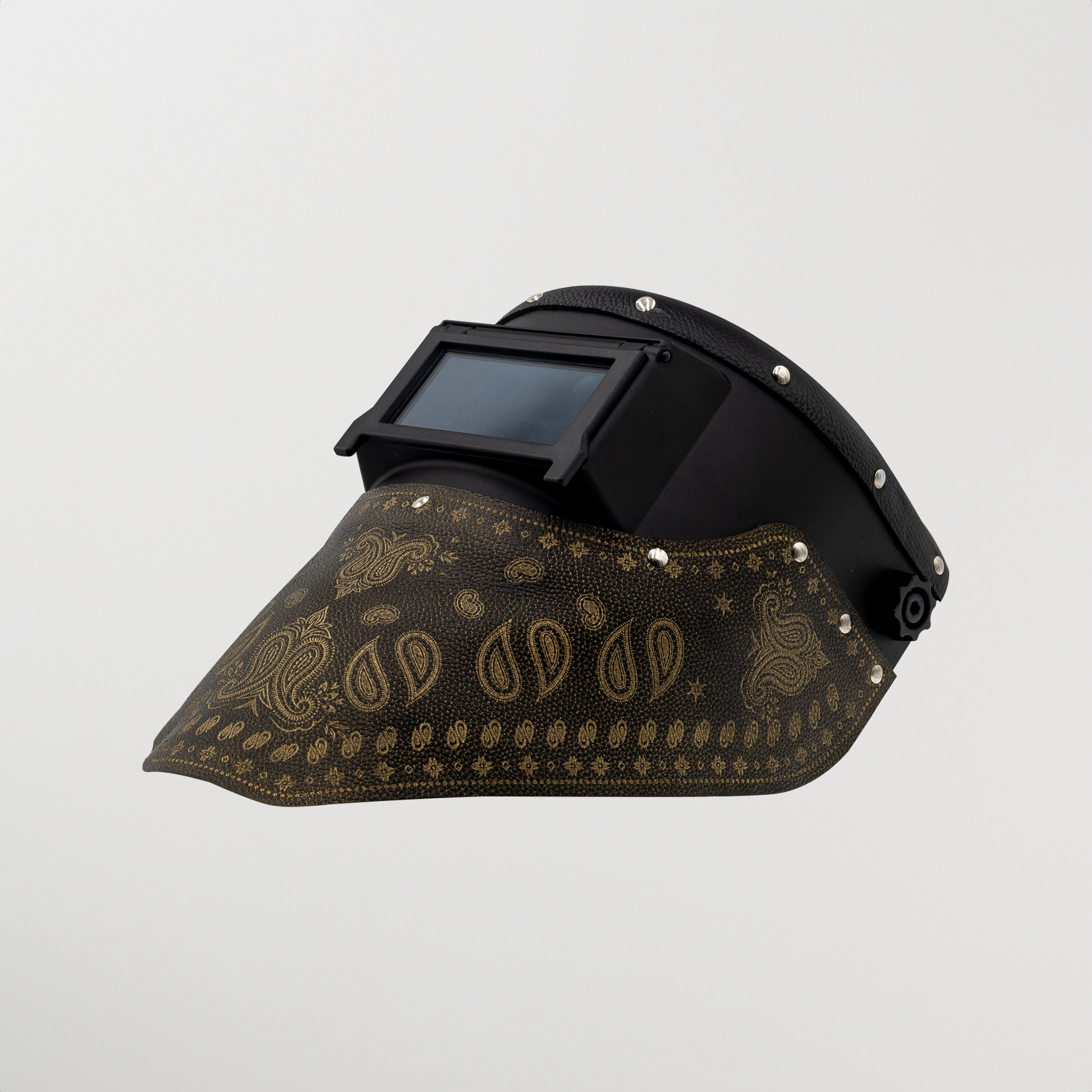 Black paisley Slimline Bandana welding hood on light background
