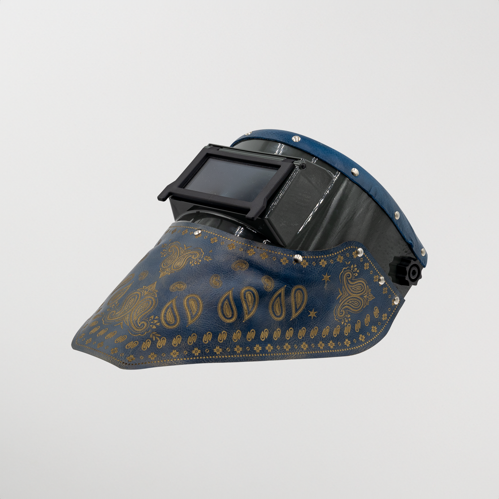 Blue paisley Slimline Bandana welding hood on light background