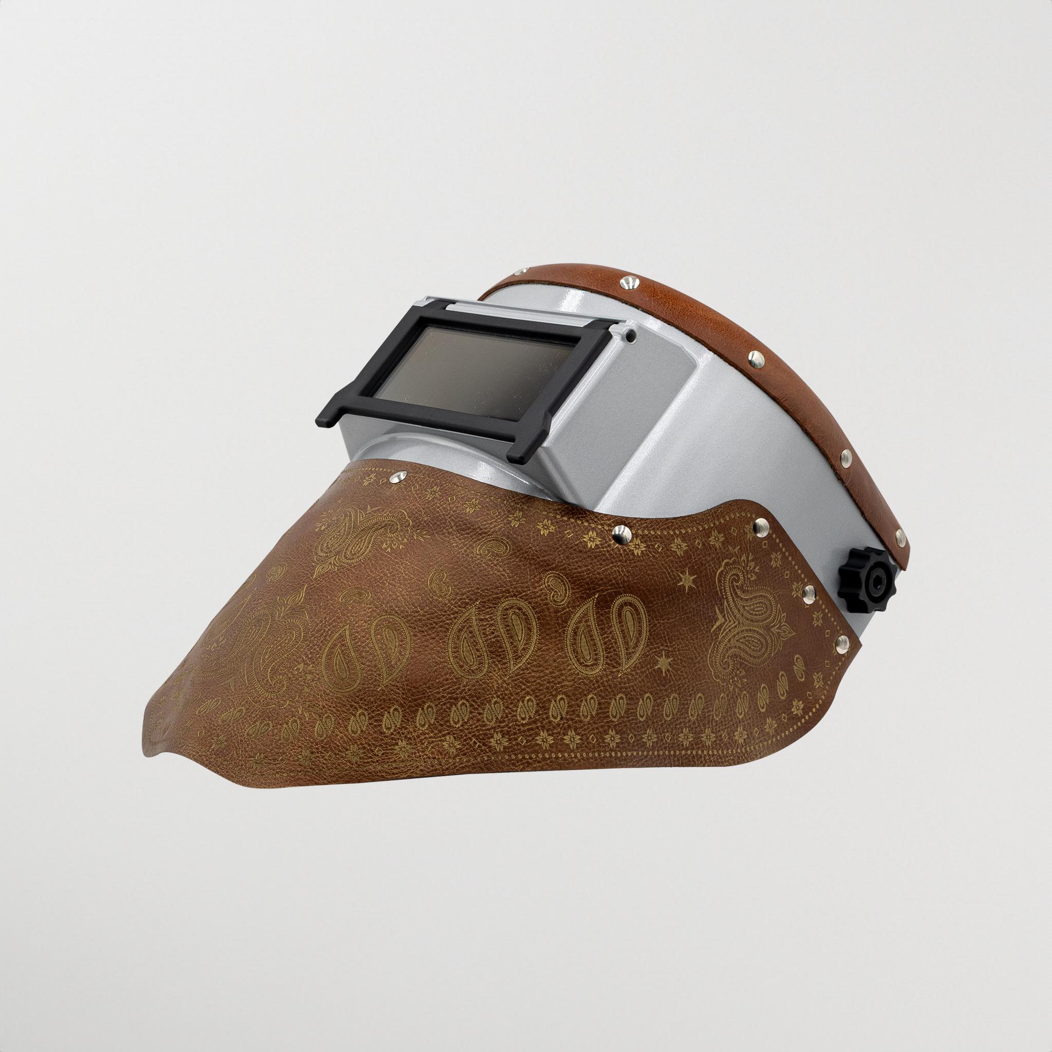 Brown paisley Slimline Bandana welding hood on light background