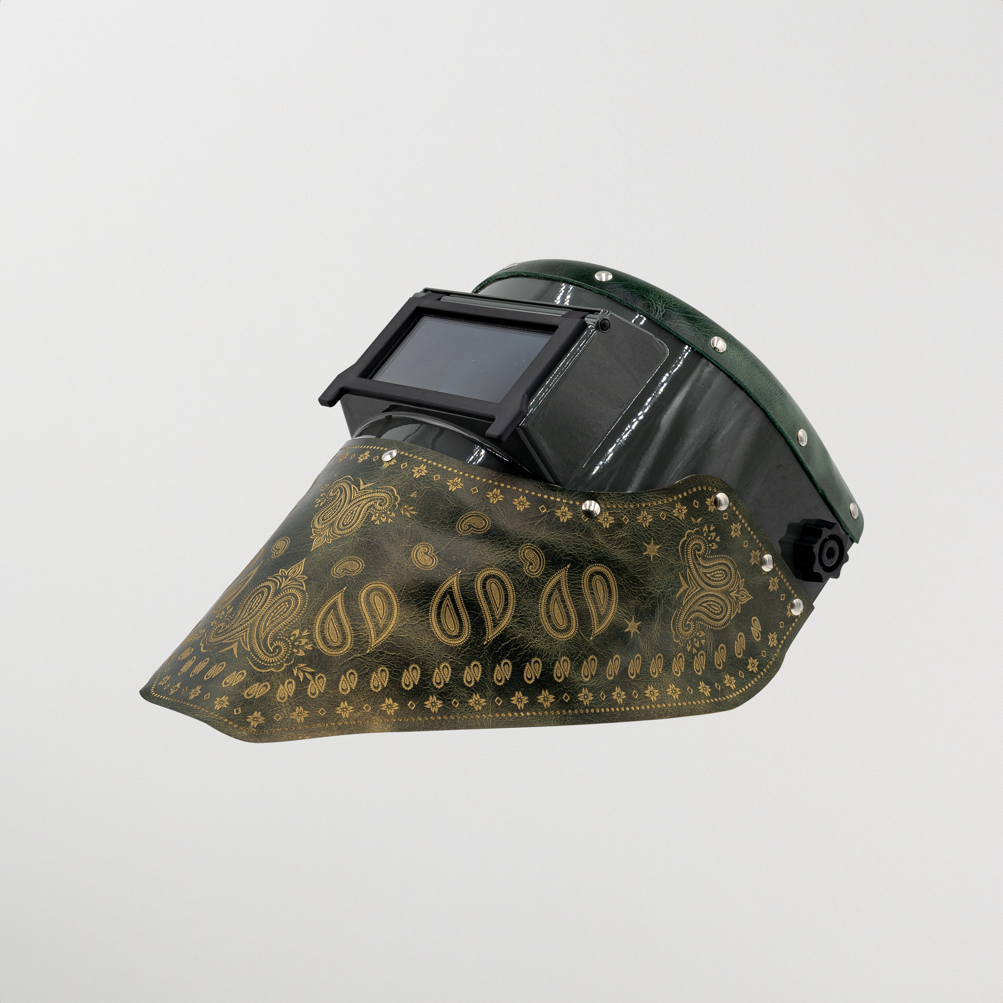Green paisley Slimline Bandana welding hood on light background