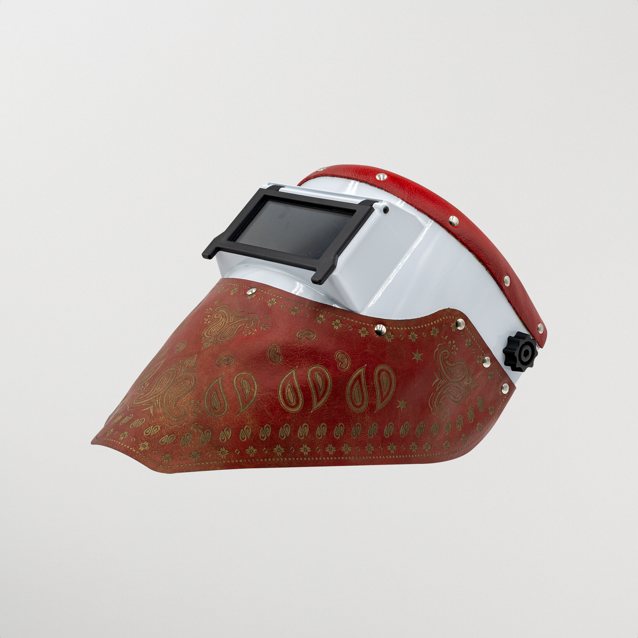 Red paisley Slimline Bandana welding hood on light background