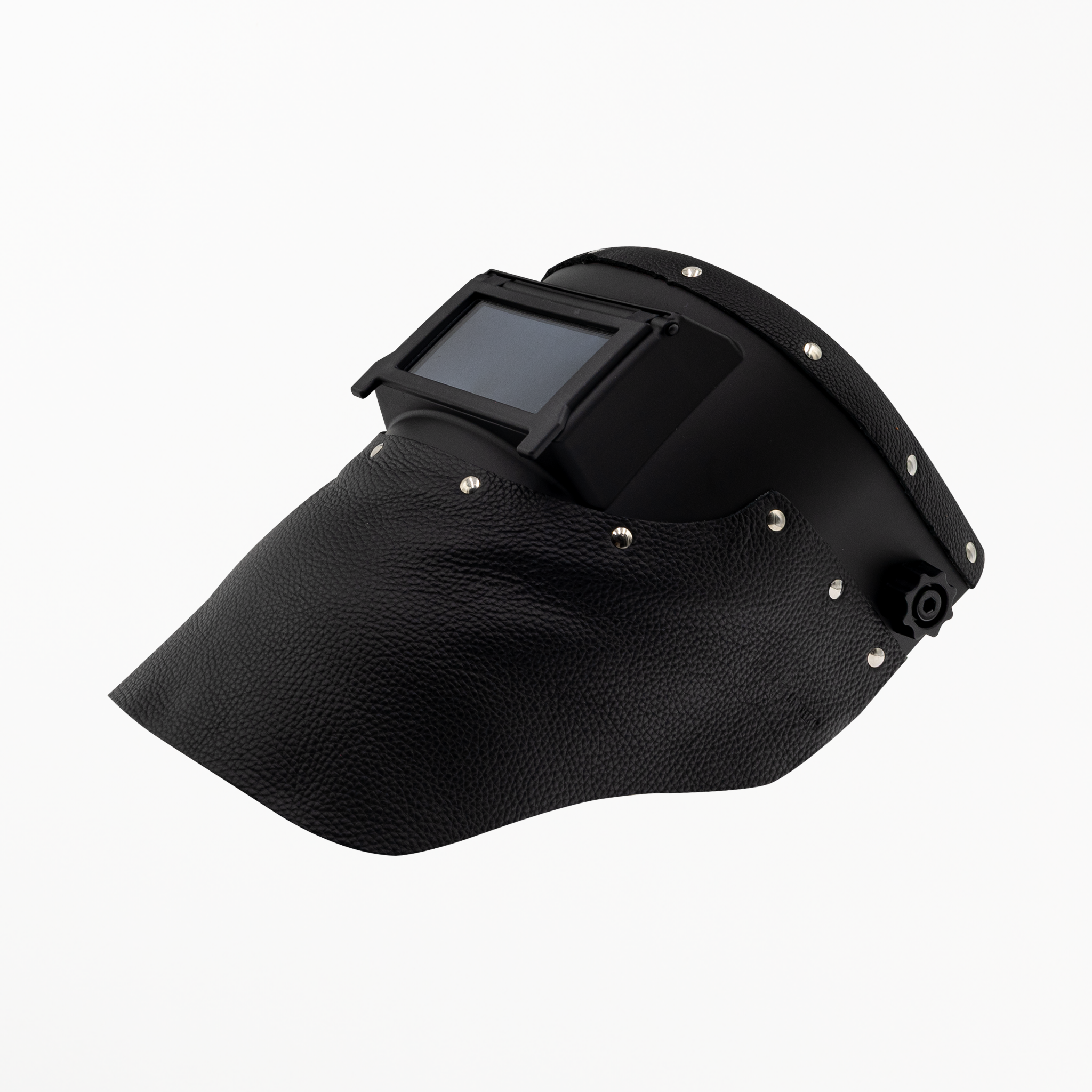 Slimline black leather welding hood with black helmet