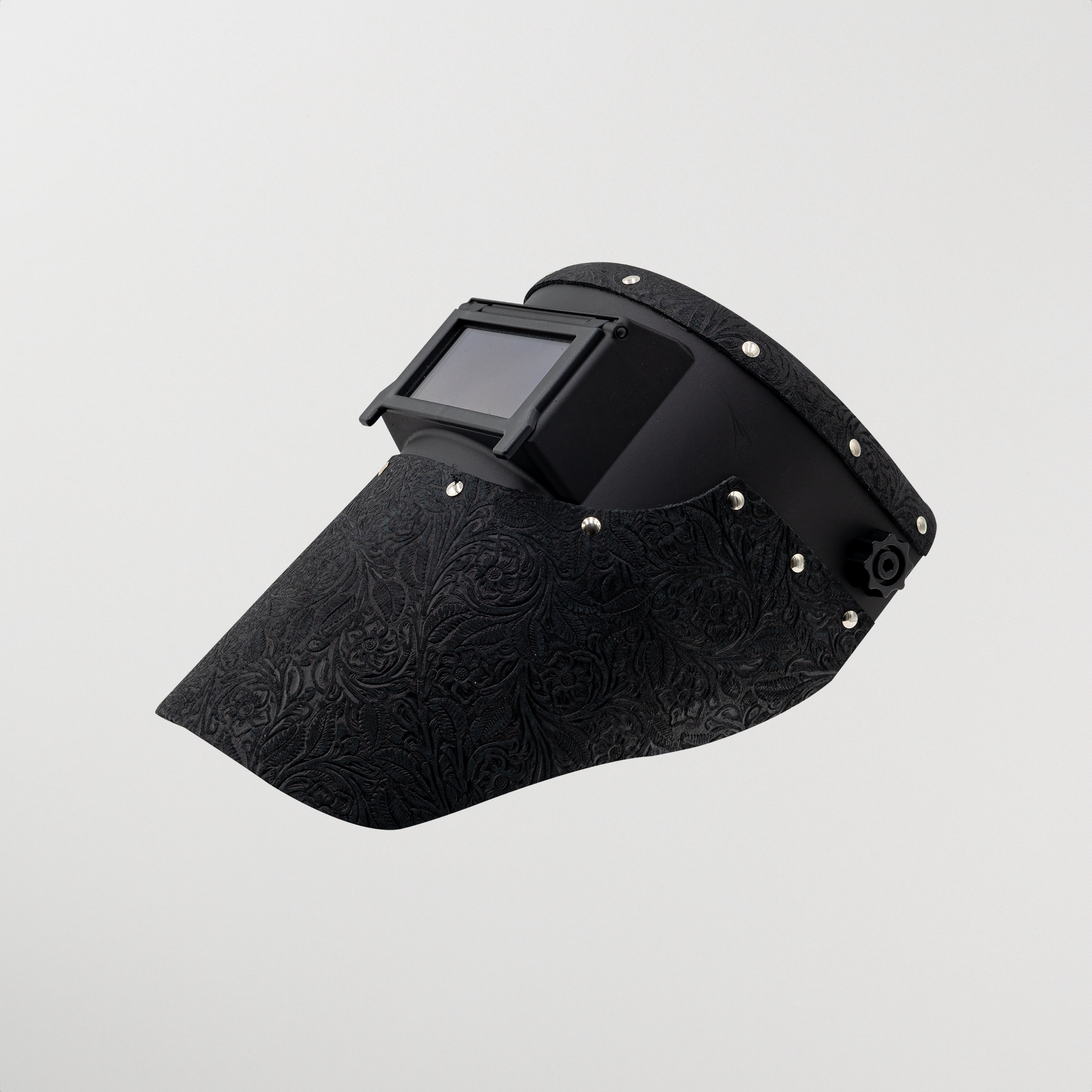 Slimline black floral leather welding hood with black helmet