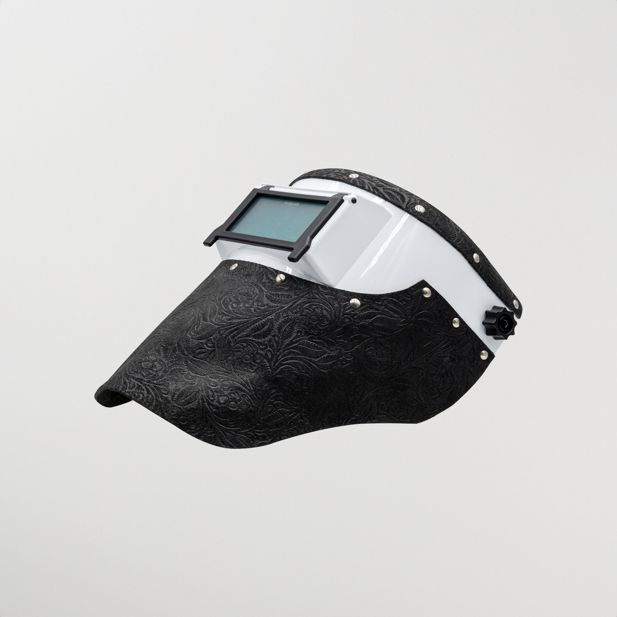 Slimline black floral leather welding hood with white helmet
