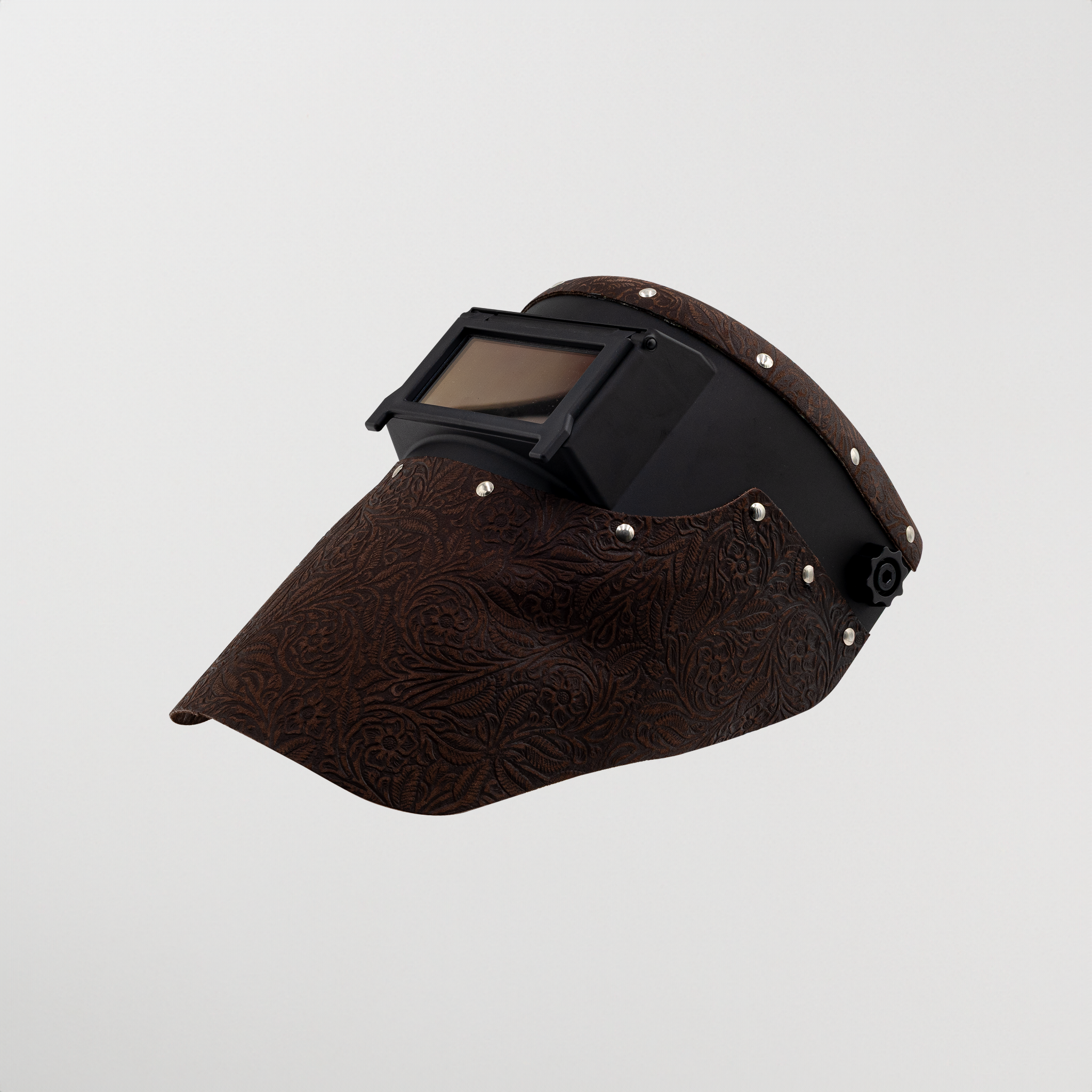 Slimline brown floral leather welding hood with black helmet