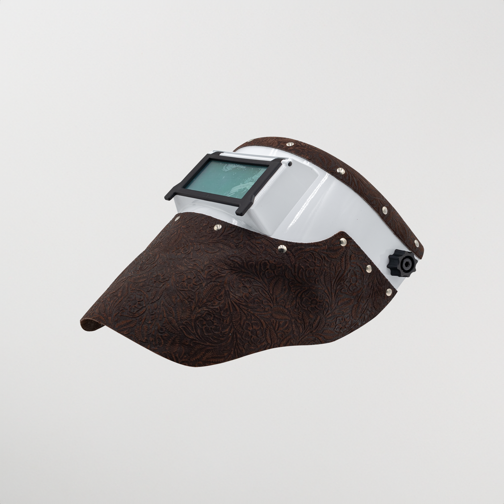 Slimline brown floral leather welding hood with white helmet