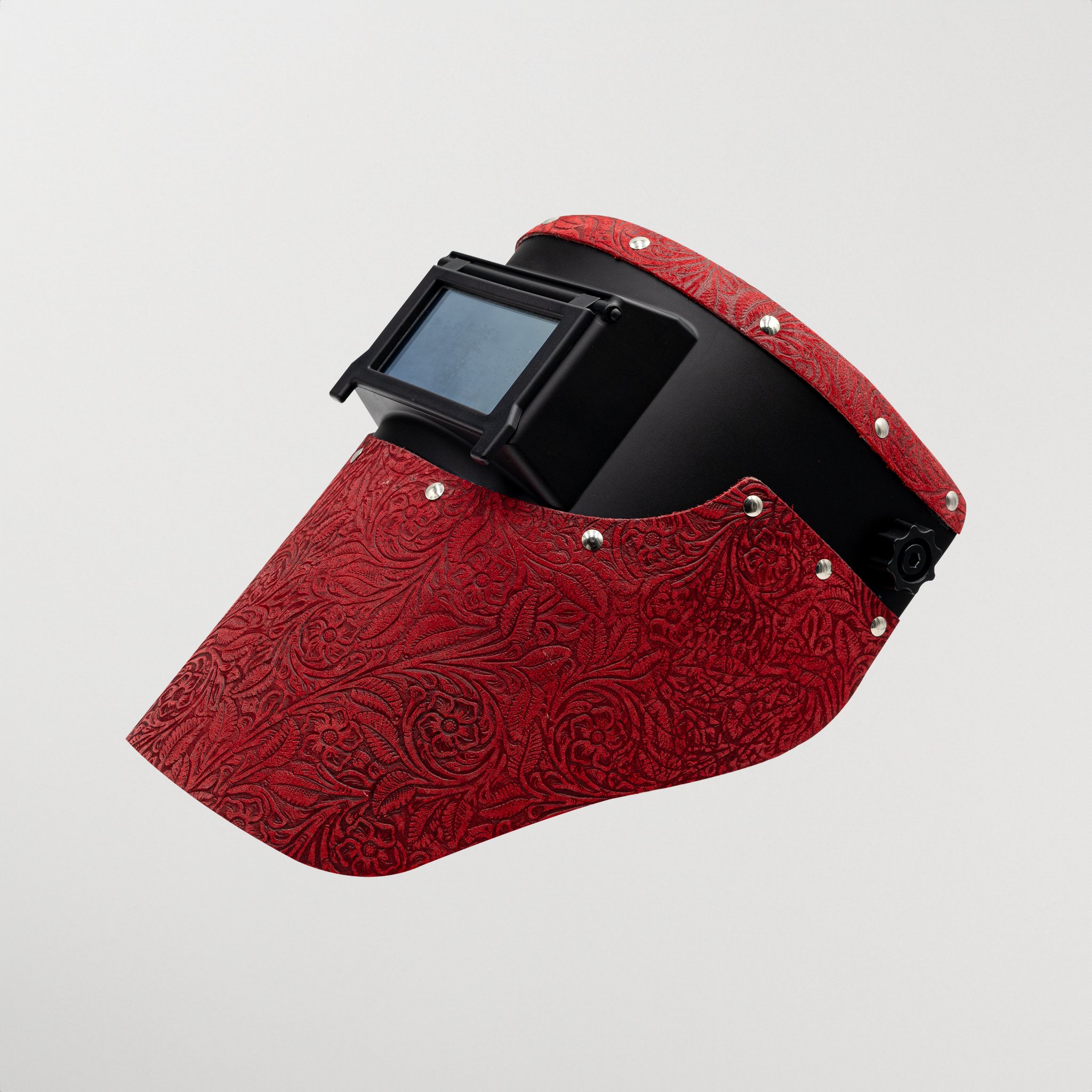 Slimline red floral leather welding hood with black helmet