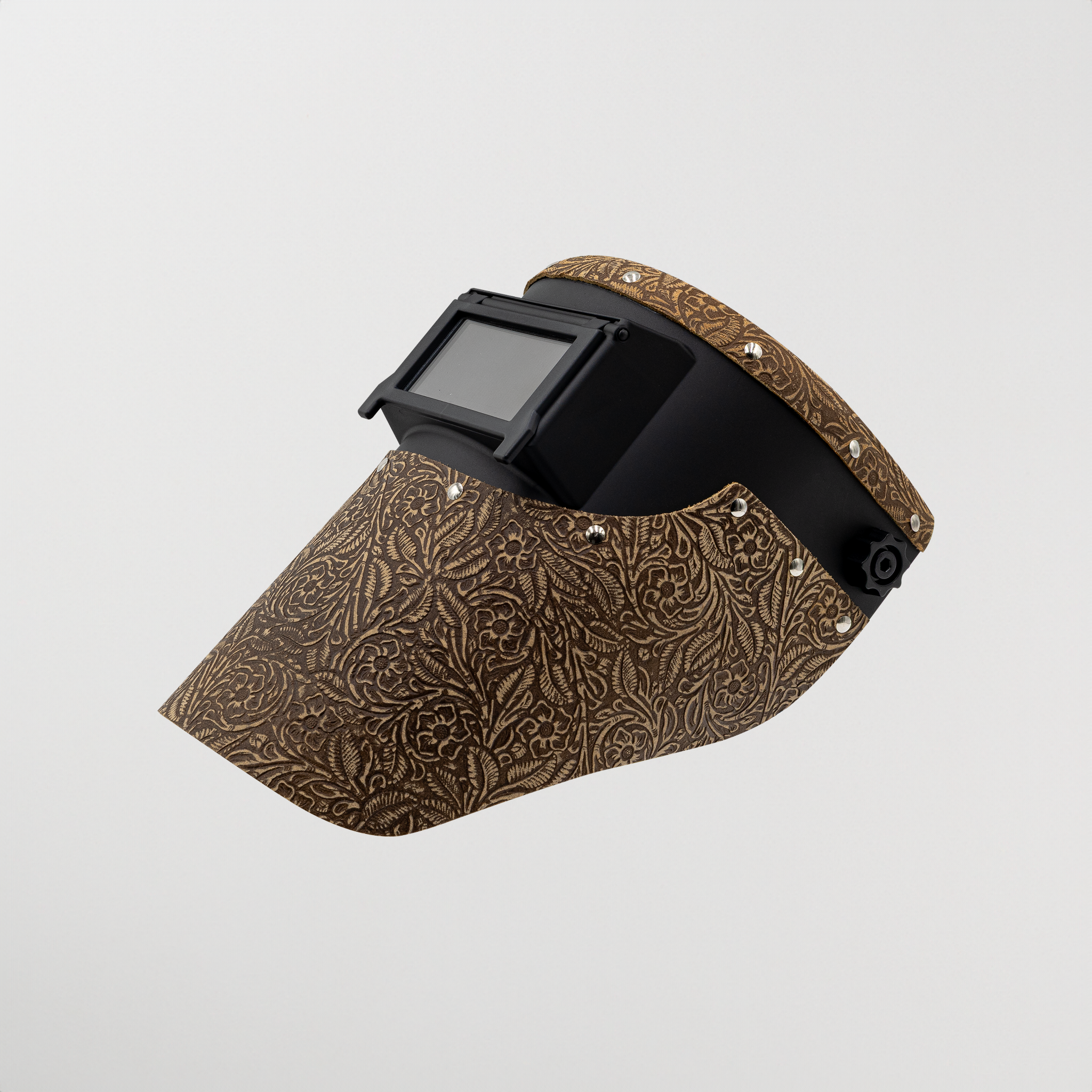 Slimline tan floral leather welding hood with black helmet