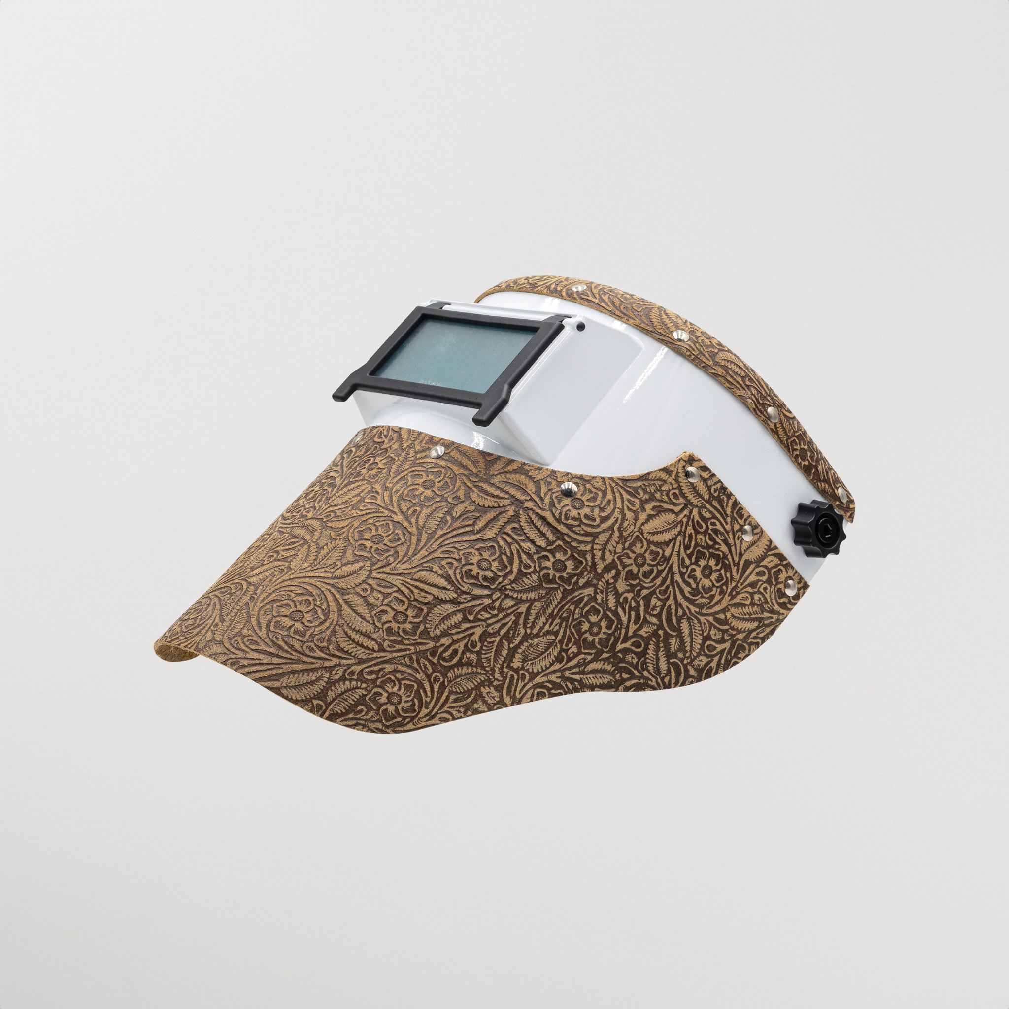 Slimline tan floral leather welding hood with white helmet