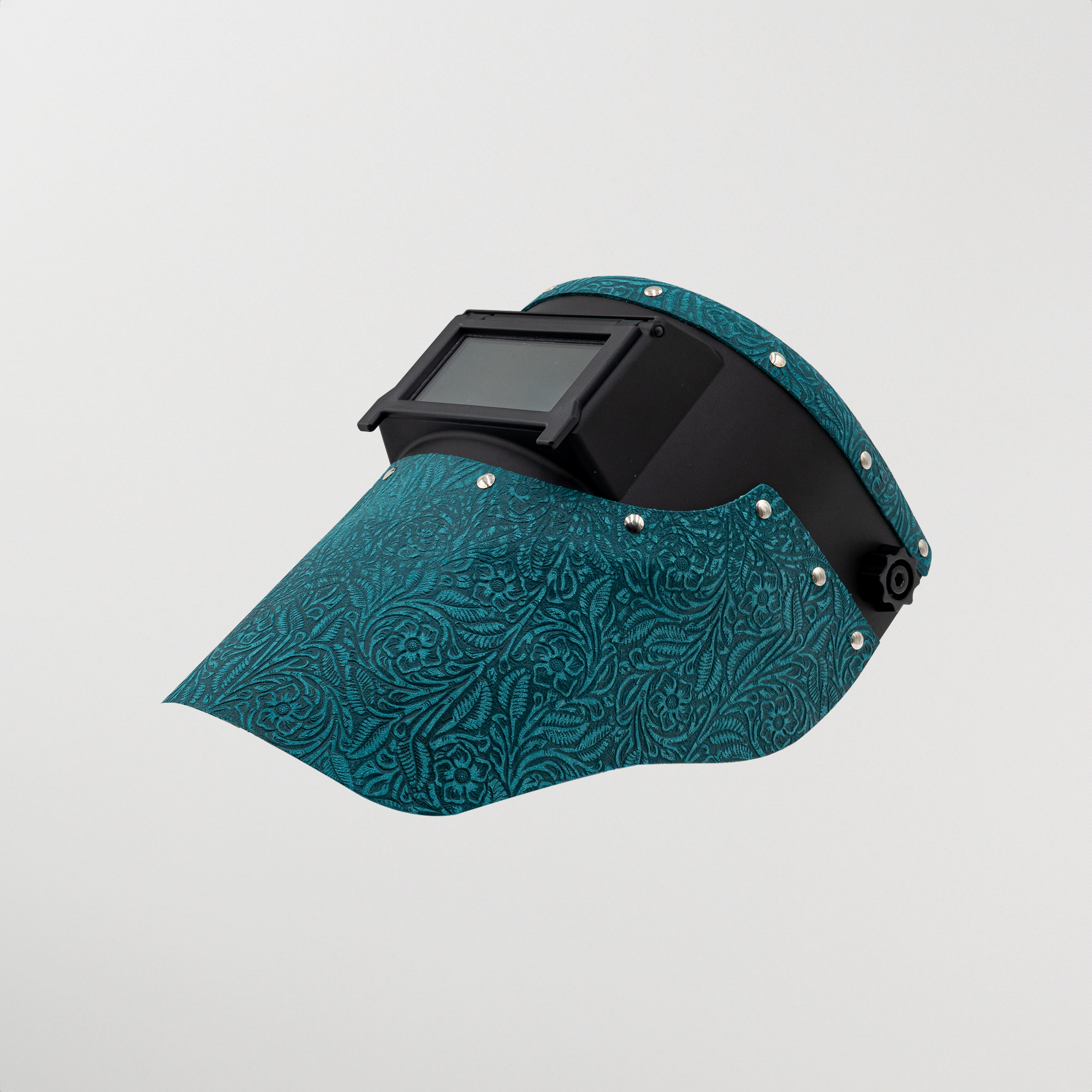 Slimline turquoise floral leather welding hood with black helmet