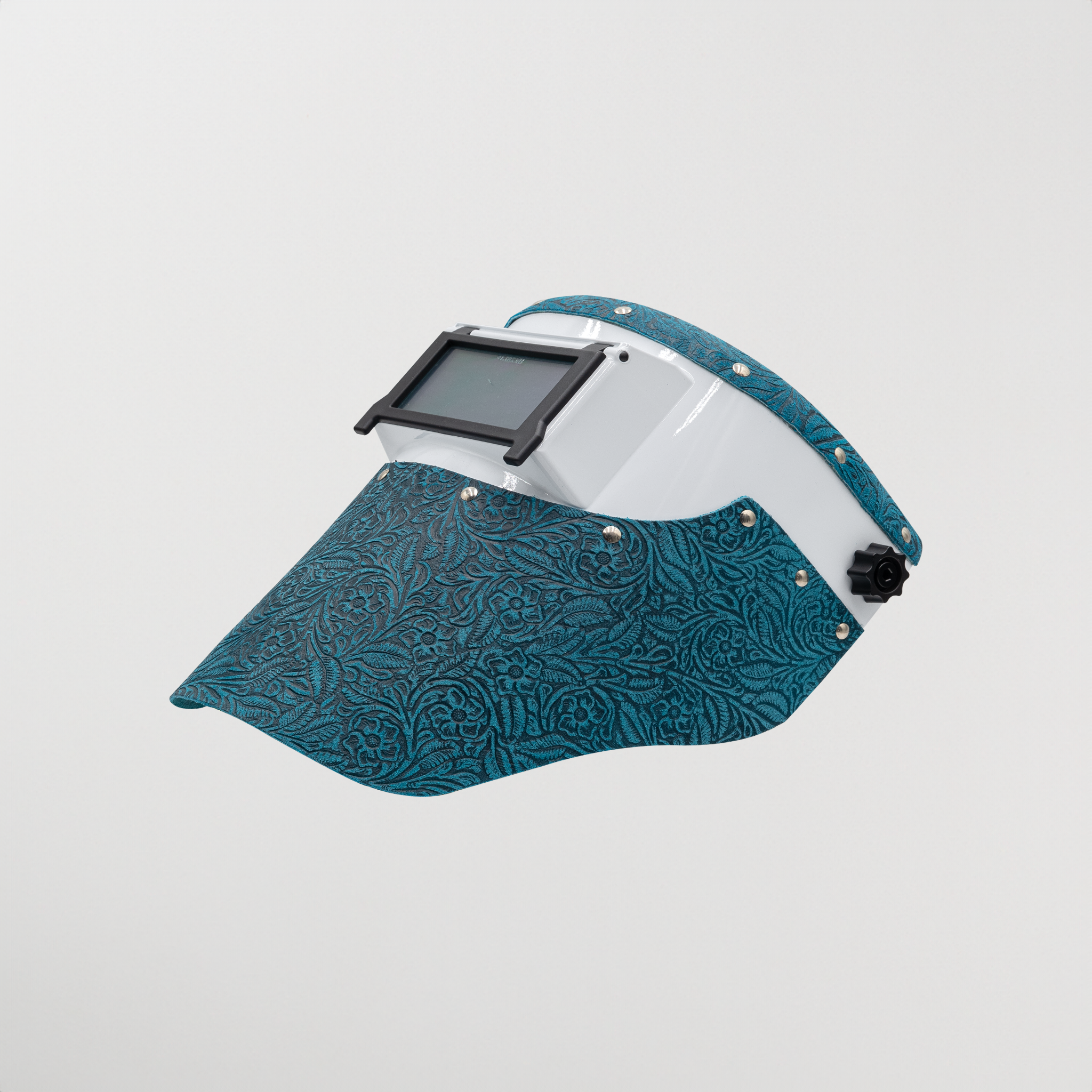 Slimline turquoise floral leather welding hood with white helmet