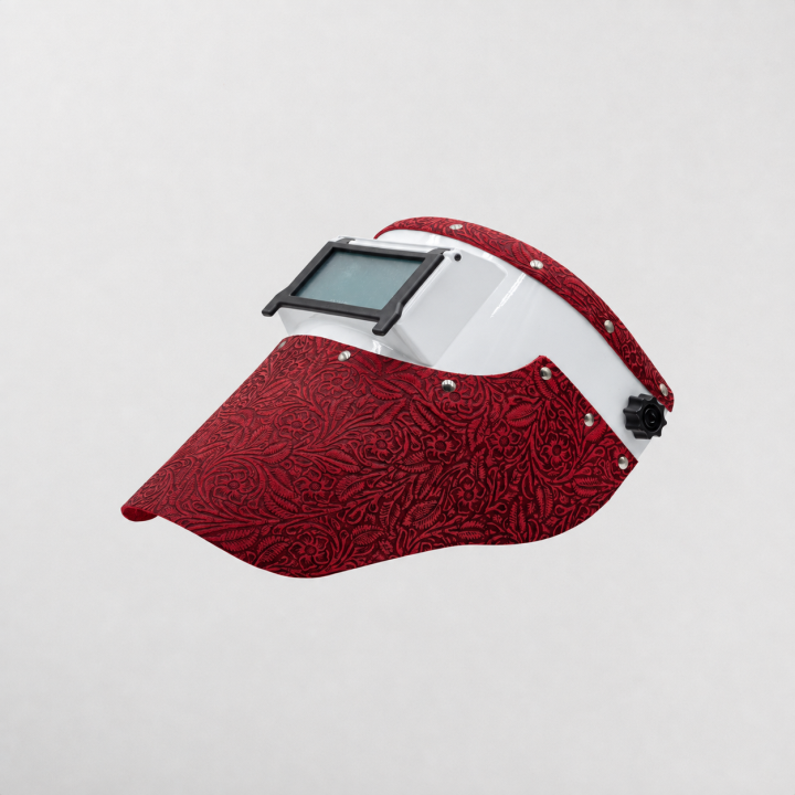 Slimline red floral leather welding hood with white helmet