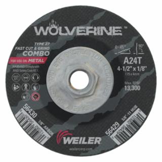 Wolverine™ Combo Wheel, 4-1/2 in dia, 1/8 Thick, 5/8 in - 11 UNC Arbor, 24 Grit